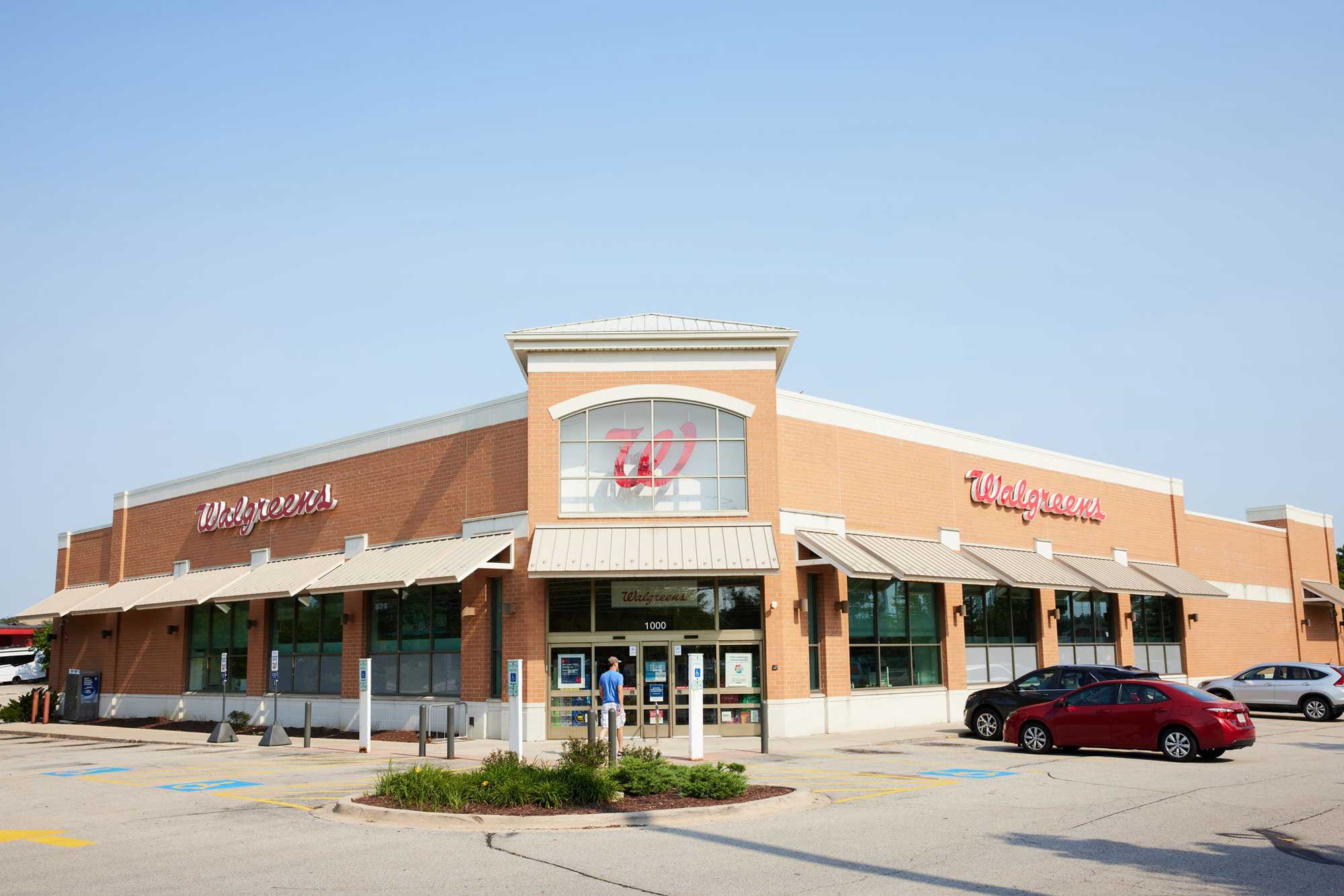 Exterior of a Walgreens location interior tower signage.