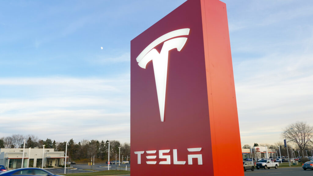 A freestanding Tesla sign by Identiti.