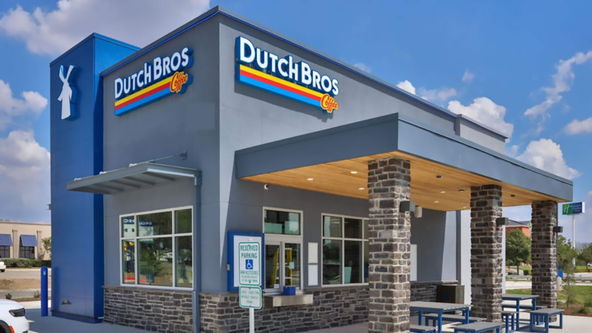 A Dutch Bros coffee location featuring new signage and a refreshed exterior by Identiti.