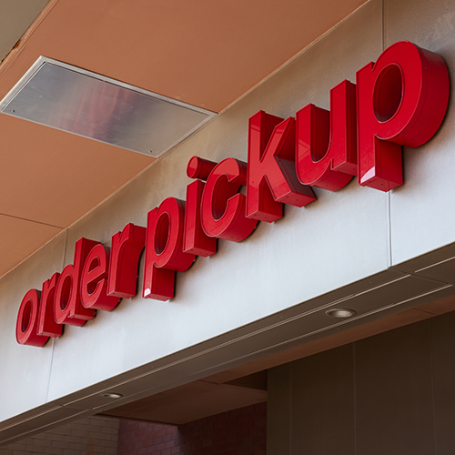 Bulk inventory signage for Target's curbside and order pickup locations nationwide, manufactured by Identiti.